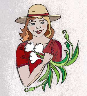 Red haired woman in hat holds garlic by Susan Fluegel at Grey Duck Garlic